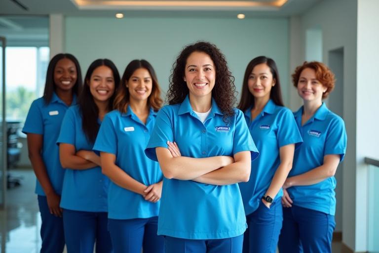 Ocean Sparkle team in uniform, smiling in a clean Lagos office environment.